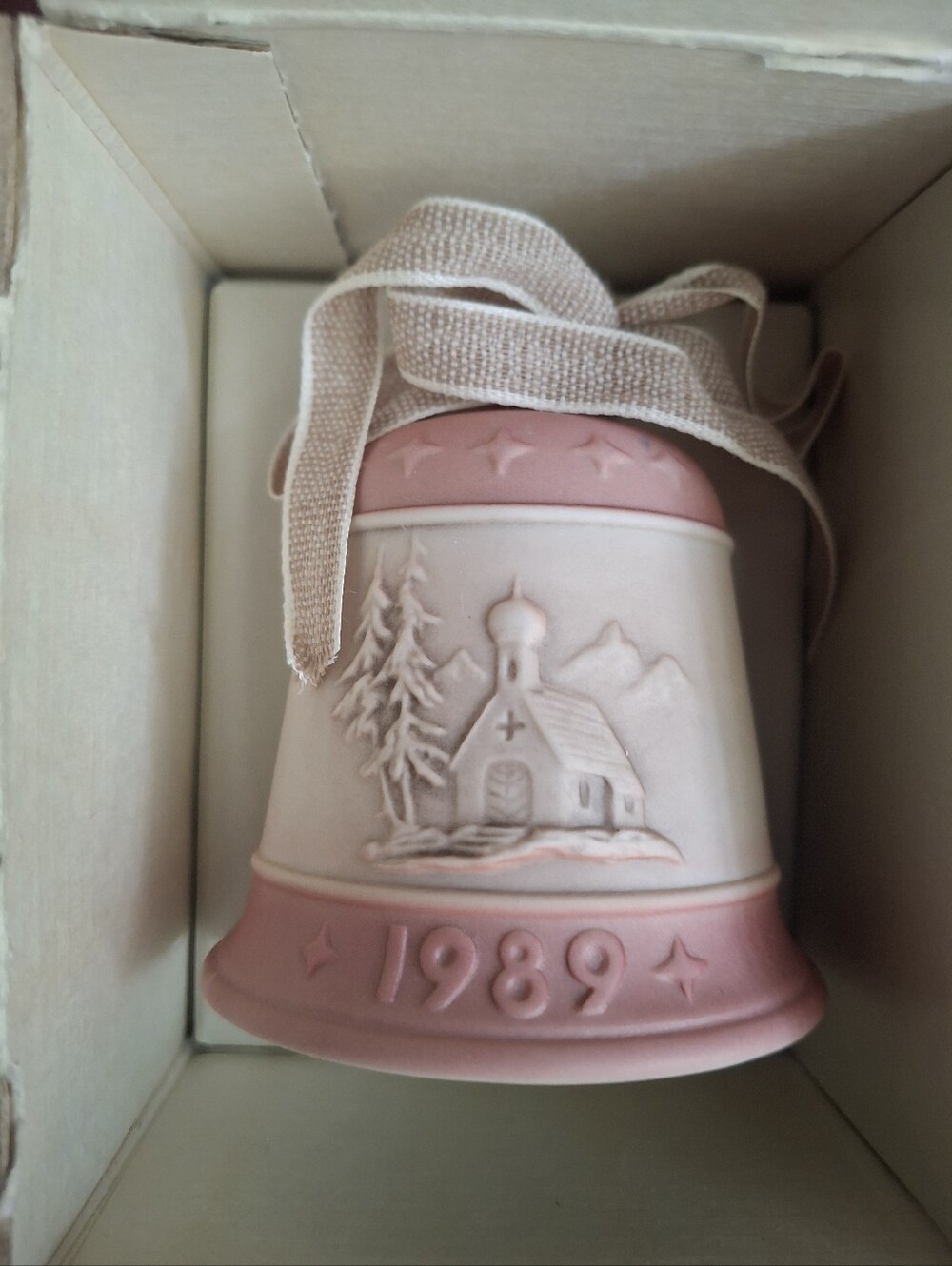 Goebel Pink Ceramic Bell Ornament with Winter Chapel Scene
